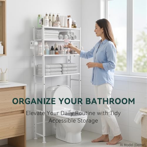 GloTika 4-Tier Over The Toilet Storage Shelves, White | 200lb Total Capacity, Metal Bathroom Organizer with 36" Clearance, Includes Paper Holder & 4 Hooks, Suit for Small Space - color: A-white