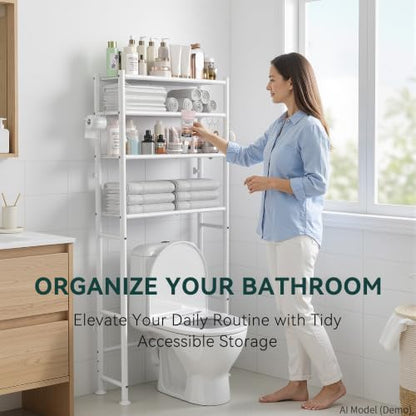 GloTika 4-Tier Over The Toilet Storage Shelves, White | 200lb Total Capacity, Metal Bathroom Organizer with 36" Clearance, Includes Paper Holder & 4 Hooks, Suit for Small Space - color: A-white