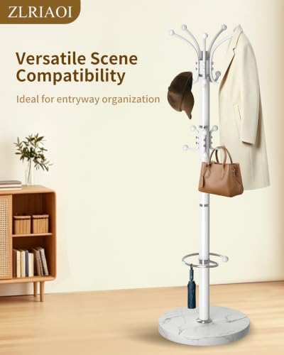 Metal Coat Rack, Modern Coat Rack Stand, 360°Rotary Coat Tree Stand | Heavy Duty Coat Rack Freestanding with Natural Marble Base, White Clothes Tree Hanger Stand with 14 Hooks & Umbrella Holder - color: White-16Hooks