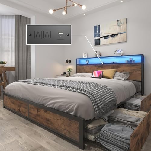Lifezone Queen Bed Frame with 2-Tier Storage Headboard, Metal Platform Bed Frame with 4 Storage Drawers, Built in Charging Station & LED, Noise-Free/Metal Support/No Box Spring Needed, Vintage Brown - color: Vintage Brown, size: Queen