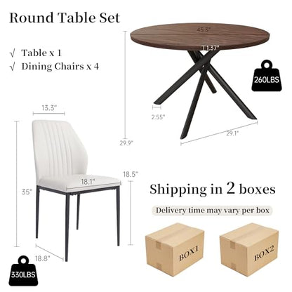 HIPIHOM 45.3'' Walnut Round Dining Table Set for 4, Mid Century Modern Small Coffee Set for Dining Room Kitchen Apartment (Dark Walnut Table + 4 White Chairs) - color: Walnut Table+4 White Chairs