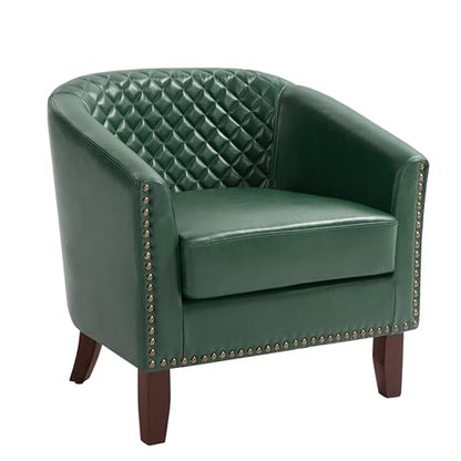 Faux Leather Accent Chair, Modern Barrel Club Chair, Green | Comfy Upholstered Armchair for Living Room, Round Club Chair Single Sofa Bedroom Reading Seat | 26"D*29"W*29"H - color: Green