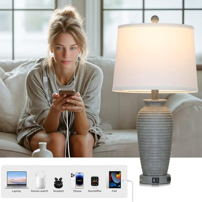 CINSARY 25" Grey Farmhouse Jar Table Lamps, 3 Way Touch Control Rustic Bedside Lamps with USB A+C Ports & AC Outlet, Pot Nightstand Lamps for Bedroom End Table (LED Bulbs Included) - color: Grey-1Pack