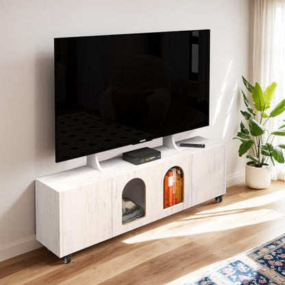 Pmnianhua Mobile Corner TV Stand on Wheels for 60" TVs,48" Portable TV Media Console with TV Mount Stand Shelf and 4 Cabinets,Corner Entertainment Center with Storage Shelves for Living Room(white)