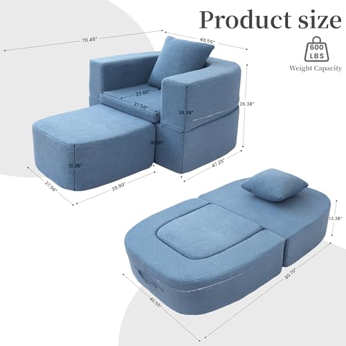 40" Pull Out Couch,2 in 1 Sleeper Sofa Bed,Convertible Sleeper Chair with Pillow Foldable Mattress with Back Support,Teddy Fleece,Blue - color: Blue