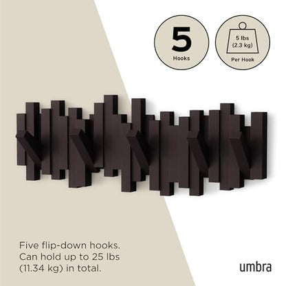Umbra Sticks Wall Mount Coat Rack, 5 Hook Retractable Pegs, Espresso | Mounting hardware included, sculptural modern design, entryway or bedroom use, recycled plastic - color: Espresso, size: 5-Hook