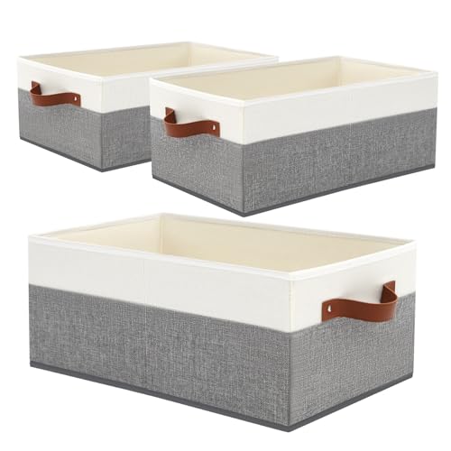 3 Pack Large Capacity Storage Bins Closet Organizer for Shelves | Fabric Closet Storage Baskets Boxes with Leather Handles for Organizing Clothes, Sheets, Jeans, Toys, Books (Grey) - style: 3 Pack Grey & White