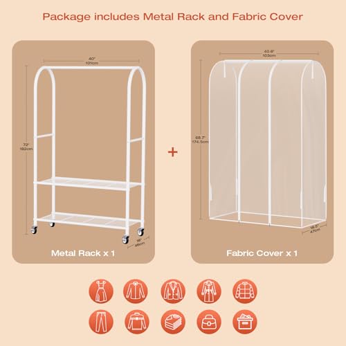 Univivi Rolling Clothes Rack with Clear Dust Cover and Bottom Storage Shelf | Heavy-Duty Metal Frame Clothing Rack, Clear Dustproof Cover, 360° Rotation Wheels, Portable Closet for Bedroom, Laundry Room - color: White Rack with Clear Cover