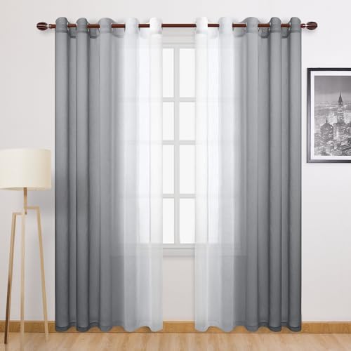 DWCN Grey Ombre Faux Linen Short Sheer Curtains - Extra Wide Gradient Semi Voile Light Filtering Grommet Top Bedroom and Living Room Curtains, 60 x 84 Inches Long, Set of 2 Window Curtain Panels - color: Grey, size: 60"W x 84"L (Pack of 2)