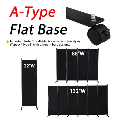 88" W 4 Panel Room Divider, Portable Privacy Screen W/Wheels Freestanding | Sturdy Metal Frame,Lockable Wheels,Freestanding Room Divider Panel,Portable Wall Divider for Room Separation,Black - color: Black, size: A-132''W-6 Panel