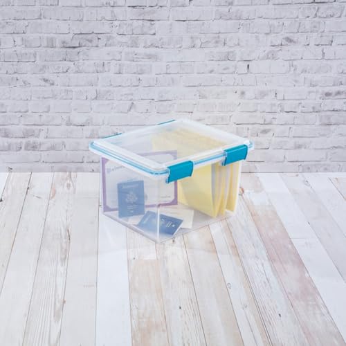 Sterilite 32 Qt Gasket Box, Stackable Storage Bin with Latching Lid and Tight Seal, Plastic Container to Organize Basement, Clear Base and Lid, 4-Pack | Heavy-Duty, Stackable, and Organizing Containers for Bathroom, Cabinet, Closet, and Garage, Clear and
