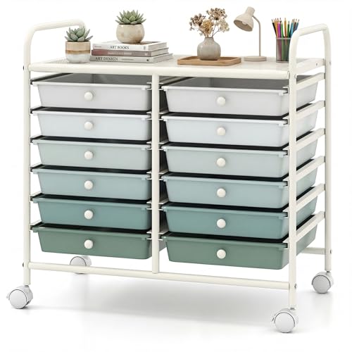 COSTWAY 12-Drawer Rolling Storage Cart, Utility Storage Organizer Cart | For Tools, Scrapbook, Paper, Craft, Multipurpose Art Supply on Wheels for Home Office School, Teacher, Green Gradient - color: Green Gradient, size: 25"L x 15"W x 24.5”H (12 Drawer)