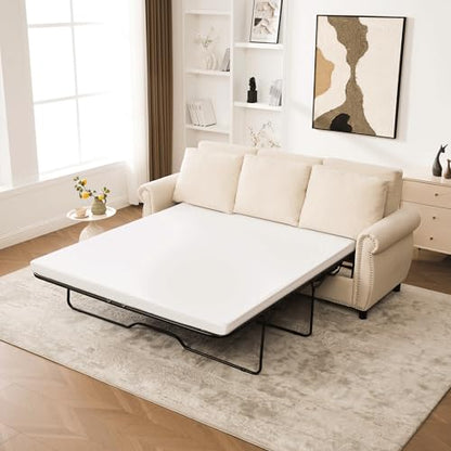 Queen Sleeper Loveseat Sofa Bed, 3 in 1 Convertible Pull Out Couch Bed with Thick Memory Foam Mattress Included, 3 Seater Upholstered RV Furniture Living Room Apartment Small Space (Cream Linen)