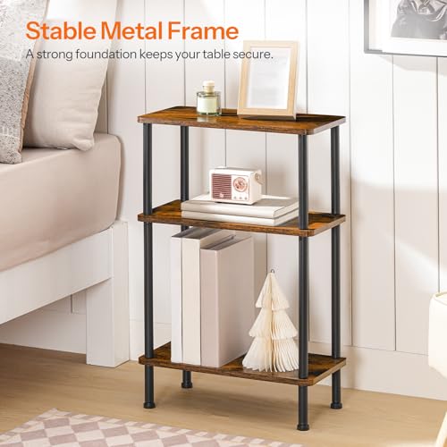 HOOBRO Narrow Side Table, 3-Tier Slim End Table No Tools Needed, Twist-On Assembly, Skinny Nightstand Sofa Storage Shelf for Living Room, Bedroom, Study, Rustic Brown and Black BF246BZ01N1 - color: Rustic Brown + Black