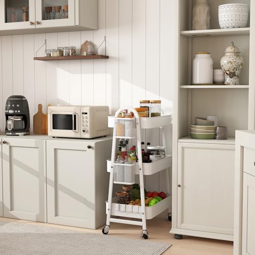 Sekey 3 Tier Rolling Cart, Hanging Cups, Hooks, Heavy Duty Mesh Rolling Storage Cart Organizer with 2 Lockable Wheels for Bathroom, Kitchen, Office, Craft, Makeup, Baby Essentials, White - color: White