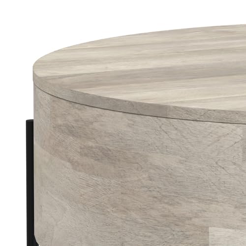 SIMPLIHOME Sawhorse 48" Wide Walnut Veneer and Metal Coffee Table | Modern round coffee table with black metal legs and a large surface; cocktail table or center table for living rooms. - color: White Wash