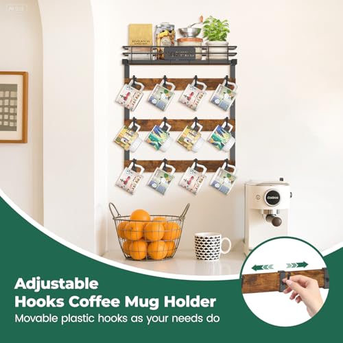 EsLuker.ly Coffee Mug Holder Cup Hanger Wall Mounted Display Rack | Metal Organizer with 12 Movable Plastic Hooks, Wood Rustic Shelf for Coffee Bar Home Kitchen, Thoughtful Wall Storage - style: 12 Movable Hooks Brown Style