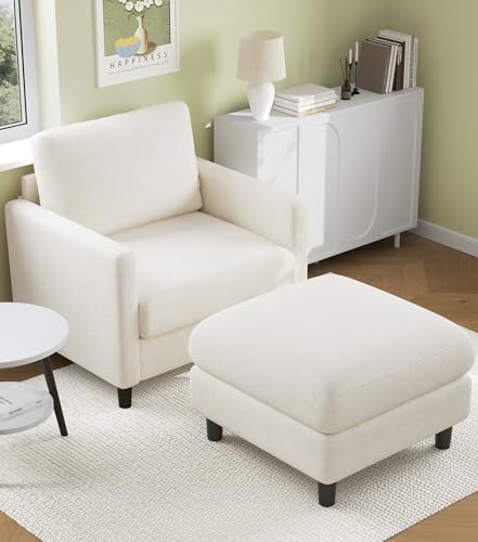 Welzona Sofa Accent Chair with Ottoman, 33" Teddy Reading Chair and Ottoman | Comfy Teddy Fabric, Tool-free Setup, Washable Covers, All-wood Chair and Ottoman Sets for Living Room, Bedroom, Beige - color: Beige, size: standard & ottoman