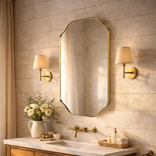TEHOME Scalloped Gold Bathroom Mirror Decorative Brushed Brass Metal Framed Irregular Bathroom Vanity Mirror 24x40'' - color: Brushed Gold, size: 40"L x 24"W