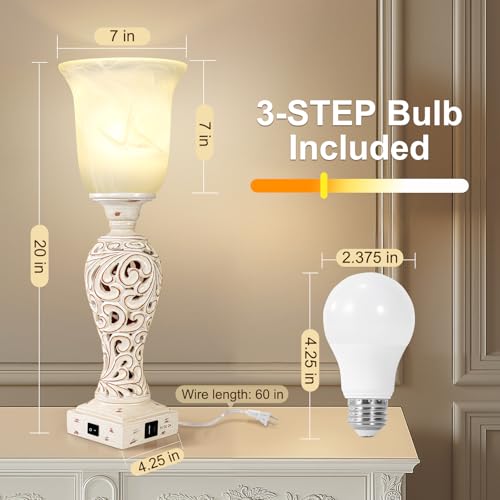 20" Bedside Lamp for Bedroom, 3-Way Dimmable Bulb Include, Washed White | Torchiere Uplight, 2 USB Ports, Vintage Desk Lamp with Glass Shade, Retro Rustic Nightstand Light for Living Room Entryway - color: Cream-1 PCS