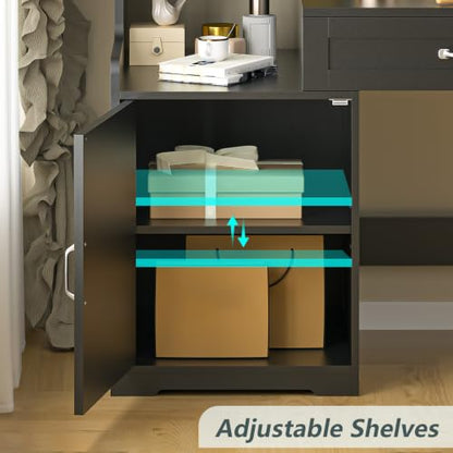 60" Computer Desk with Drawers & Bookshelves for Bedroom, Home Office | Black Desk with Bookcase & Drawers, Executive Desk Writing Study Table with Storage, Home Office Desks - color: Black