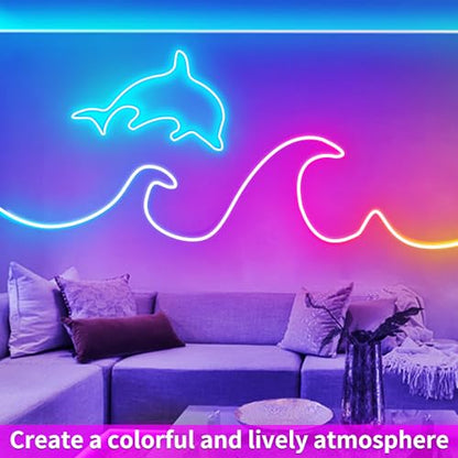 segrass 50ft RGB LED neon Rope Lights LED neon Lights with Remote Control/APP Control IP65 Waterproof Flexible Neon LED Strip Lights for Bedroom Room Outdoors Décor - size: 50ft