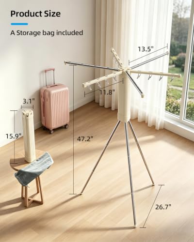 Foldable Tripod Clothes Drying Rack for Balcony, Hotel, Apartment, Bedroom | Portable Drying Rack Clothing Laundry Drying Rack for Travel, Camping with 3 Tent Pegs. Steel Frame with 12 Clips, Windproof