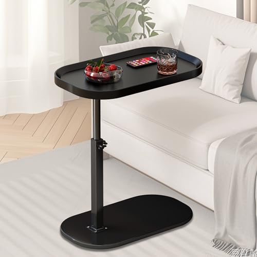 Adjustable Height C Shaped Side Table, Couch Tables That Slide Under, C Side Table Raised Edge, 360°Swivel C Shaped End Table, Small Coffee C Table, End Table for Sofa/Bed/Bathtub - color: Black