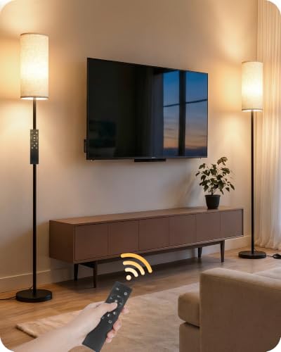 Set of 2 Slim Floor Lamps for Living Room with 2 Magnetic Remotes and Foot Switch, Dimmable Standing Lamp Mood for Bedroom Nursery, 3 Color Temperatures, 1-Hour Timer, 900LM Bulb Included, Beige Shade - color: 2 PACK Beige