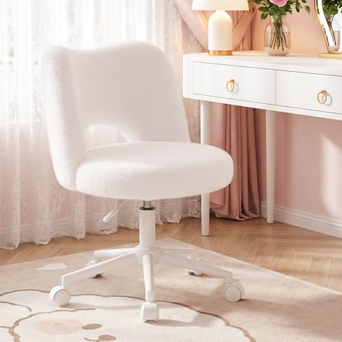 DurayLoly Vanity Chair with Open Back & Wheels White | Swivel, Fluffy Teddy Fabric, Height Adjustable,300lbs for Makeup Room, Vantiy, Bedroom - color: White