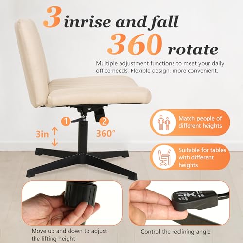 FDW Criss Cross Chair Armless Cross Legged Office Desk Chair Adjustable Swivel Ergonomic Desk Chair No Wheels U Shaped Backrest with Wide Seat Native Sponge Computer Task Vanity Chair for Home Office - color: Cream, style: Without Wheels
