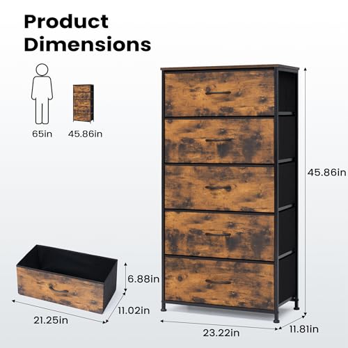 Tall Dresser, Wide Vertical Fabric Storage Tower, 5 Drawer (Rustic Brown) | Sturdy Steel Frame, Wood Top and Easy Pull Handle, Space-saving Organizer for Clothes, Bedroom, Hallway, Entryway, Closets - color: Rustic Brown, style: Wide