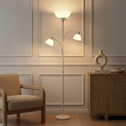 Brightech Sky Dome Double – High Brightness Torchiere Floor Lamp with 2 Reading Lights for Living Rooms, Bedrooms – Replace Halogen Standing Lamps with Efficient LED Office Lighting - Tall White Pole - color: White
