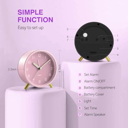 Back to School Silent Analog Quartz Alarm Clock for Kids Bedroom,Night Light, Battery Operated, Fashionable Round Metal - color: Pink