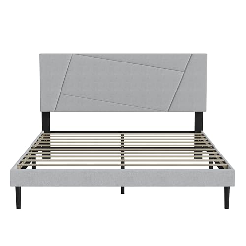 Queen Size Upholstered Bed Frame Frame with Headboard，Velvet Grey | Geometric Head Board Platform Bed, Sturdy Wooden Slats, Noiseless No Box Spring Required, Easy to Assemble - color: Light Gray, size: Queen