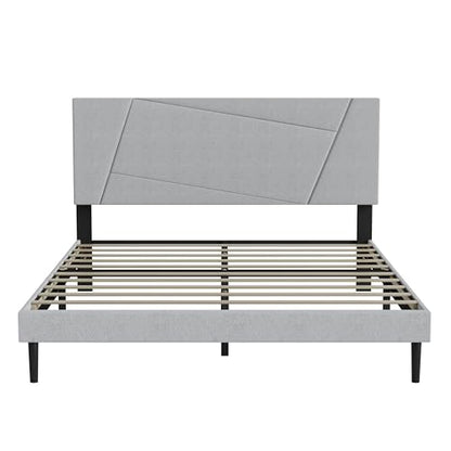 Queen Size Upholstered Bed Frame Frame with Headboard，Velvet Grey | Geometric Head Board Platform Bed, Sturdy Wooden Slats, Noiseless No Box Spring Required, Easy to Assemble - color: Light Gray, size: Queen