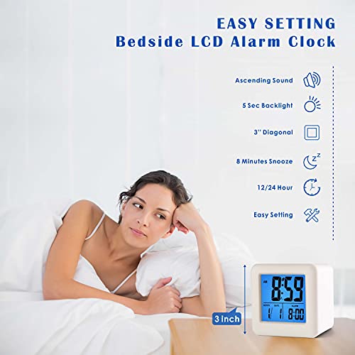 Plumeet Easy to Set Digital Travel Alarm Clock, Snooze Function, Soft Night Light, Large Screen time and Month and Date Display and Alarm, Progressive Sound Alarm and Handy Size (White) - color: White