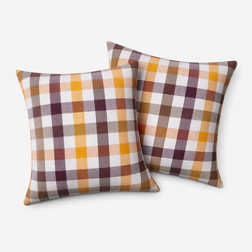 Native Fab Premium Throw Pillow Covers 2 Pack, 16x16 Inches, 100% Cotton, Gingham Check Square Cushion Cases, Thanksgiving Home Decor for Sofa, Couch, Living Room, Burgundy & Mustard - color: Gingham Harvest Burgundy & Mustard Yellow, size: 16" x 16" (Pac