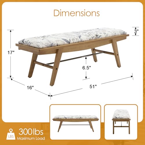 51'' Entryway Bench Linen Upholstered Shoe Benches Farmhouse Dining Table Benches for for Hallway Living Room Bedroom End of Bed, Blue Pattern - color: Floral Pattern, size: 51''