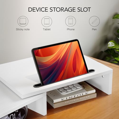 AMERIERGO Dual Monitor Stand Riser- 3 Shelf Screen Stand with Adjustable Length and Angle, 2 Extra Functional Slot Desktop Organizer Stand for PC, Computer, Laptop (White) - color: White