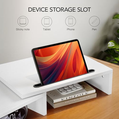 AMERIERGO Dual Monitor Stand Riser- 3 Shelf Screen Stand with Adjustable Length and Angle, 2 Extra Functional Slot Desktop Organizer Stand for PC, Computer, Laptop (White) - color: White