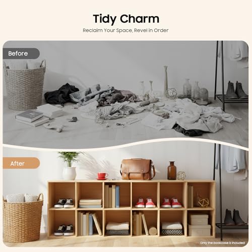 12 Cube Storage Organizer, Solid Wood Bookshelf with Back Panel, Floor Standing Open Bookcase, Vertical or Horizontal Shelf Unit for Living Room Office (12-Cube-B) - size: 12-Cube-B