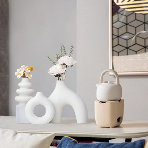 White Ceramic Vase Set of 3,Neutral Boho Nordic Minimalism Style Flower Vases for Living Room Wedding Table Party Office Bedroom - color: White