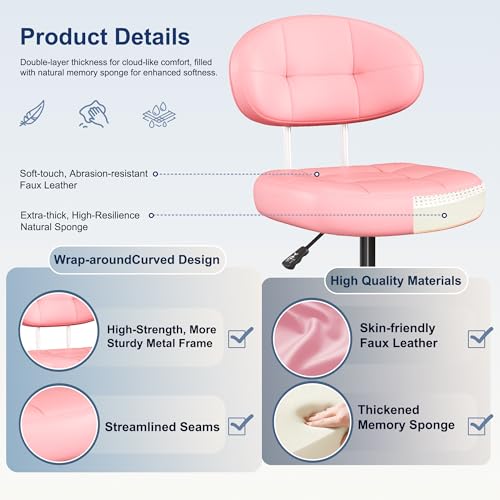 Misolant Vanity Chair with Back, Small Armless Cute Office Chair with Wheels and Lumbar Support, Comfy PU Leather Desk Computer Chairs with Adjustable Height, 360°Swivel for Home Bedroom Office, Pink - color: Pink