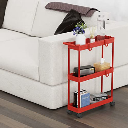 Simple Houseware 3-Tier Slim Rolling Cart w/Handle 5.5" Wx27.5 H, Red | Storage Cart for Narrow Space (5.5-Inch Wide) Kitchen, Bathroom, Laundry Room - color: Red