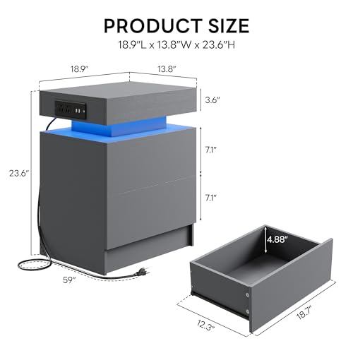 LIKIMIO Nightstand with Charging Station LED Light and 2 Drawers Grey | charging station; LED light; 2 smooth glide drawers; 13.8 D x 18.9 W x 23.6 H in; Grey wood grain - color: Grey