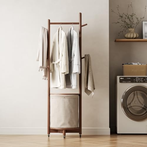 CycleCrew Solid Wood Coat Rack with Fabric Basket - Freestanding Coat Rack Rolling Coat Tree with 9 Hooks Wheels, Small Clothes Rack For Entryway Bedroom Hallway Living Room - color: Walnut Brown