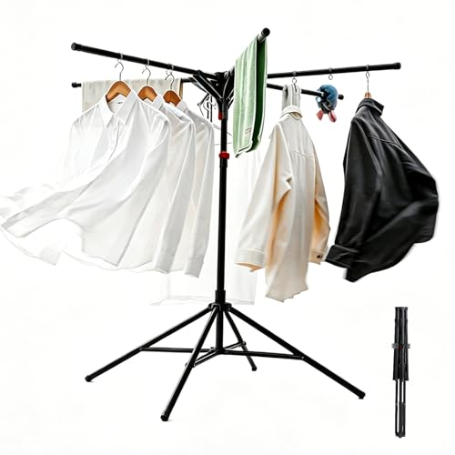 Adjustable Collapsible Umbrella Style Clothes Drying Rack, 4Legs6Telescopic Arms, Space-Saving Freestanding Laundry Airer with Windproof Clips, Easy Setup Indoor Outdoor (Black-Carbon Steel) - color: Black-carbon Steel