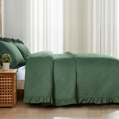 DJY Queen Quilt Set, 3 Pieces Ruffled Bedspreads Quilt, Olive Green | Lightweight Soft Bedding Coverlet for All Seasons, 96''x90'' (Includes 1 Quilt, 2 Pillow Shams) - color: Olive Green, size: Queen