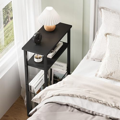 MMEOLUOOK Narrow Side Table with Storage Basket Skinny End Tables for Smalls Spaces 3 Tier Sofa Table Small Nightstand Slim Bedside Table for Living Room Bedroom Black MLBZ22B - color: Black